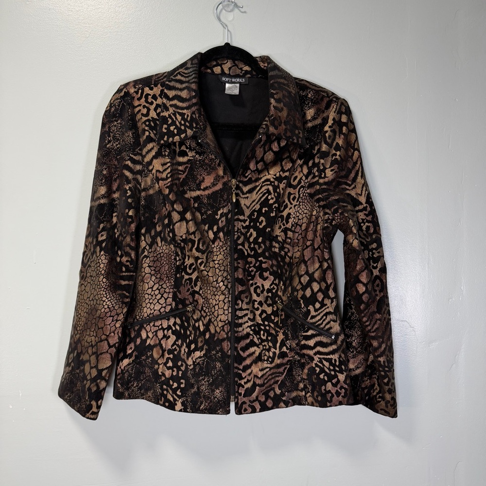 Soft Works Womens Animal Print Metallic Zip Up Jacket Brown Black Gold Size 10